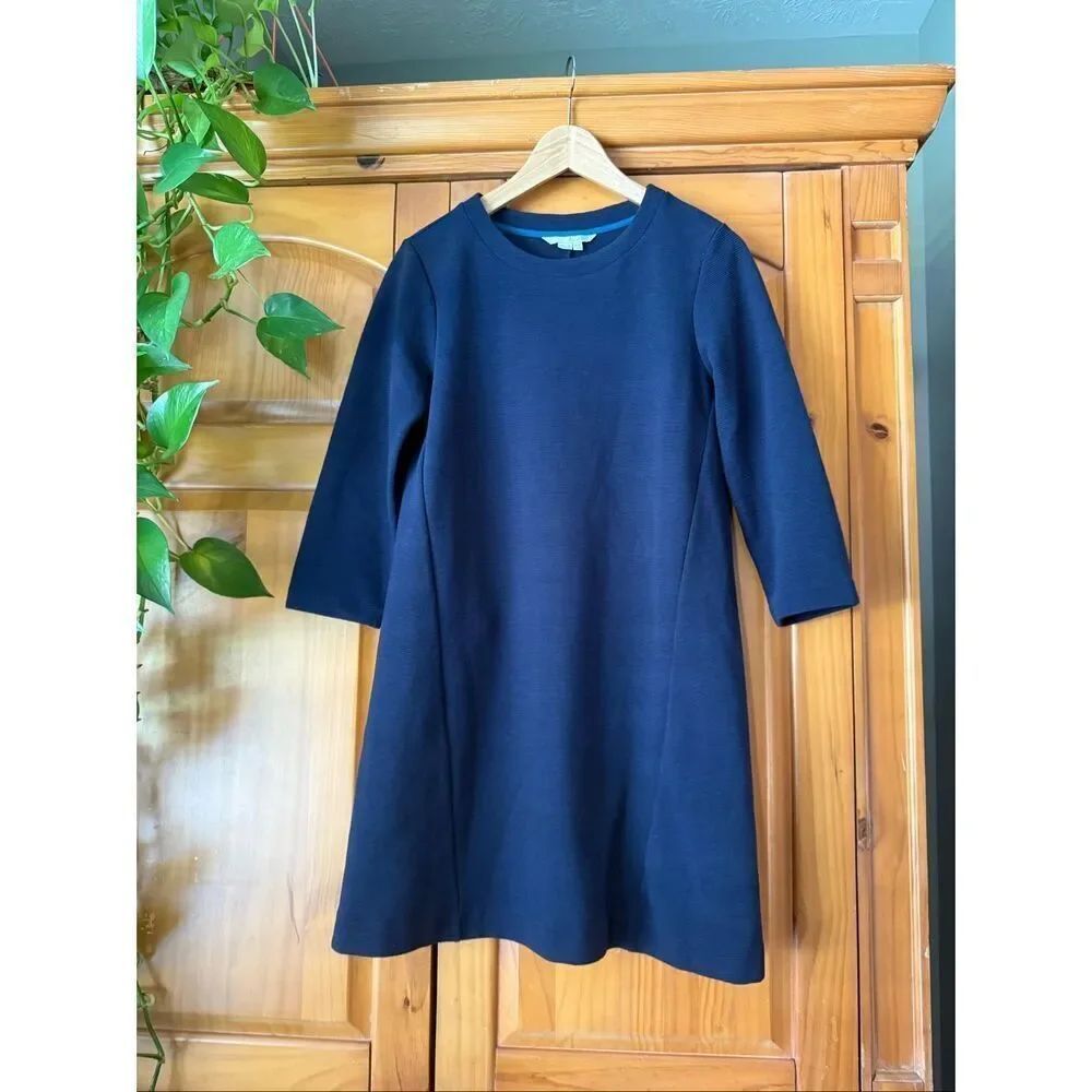 Boden Navy Ribbed A-Line Dress Petite US 4 3/4 Sleeve - Picture 2 of 9